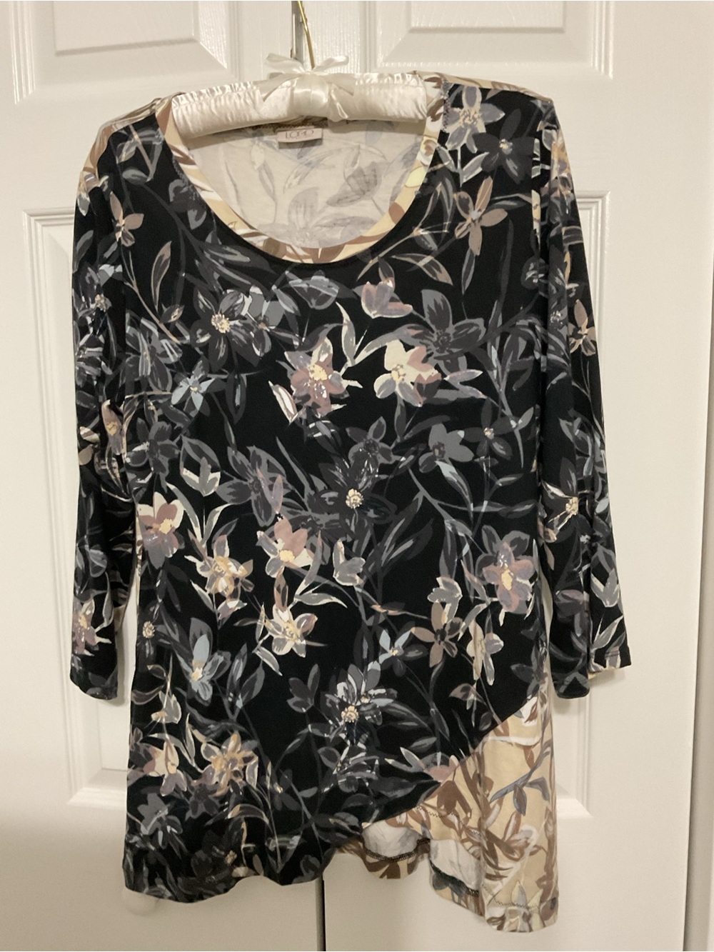 Logo Black Floral Asymmetrical Top with Cream Accents